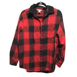 Victorias Secret Red Black Buffalo Plaid Flannel Shirt Borg Collar Small Shimmer